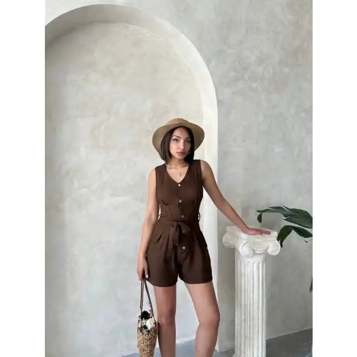 Kuşaklı şortlu tulum
