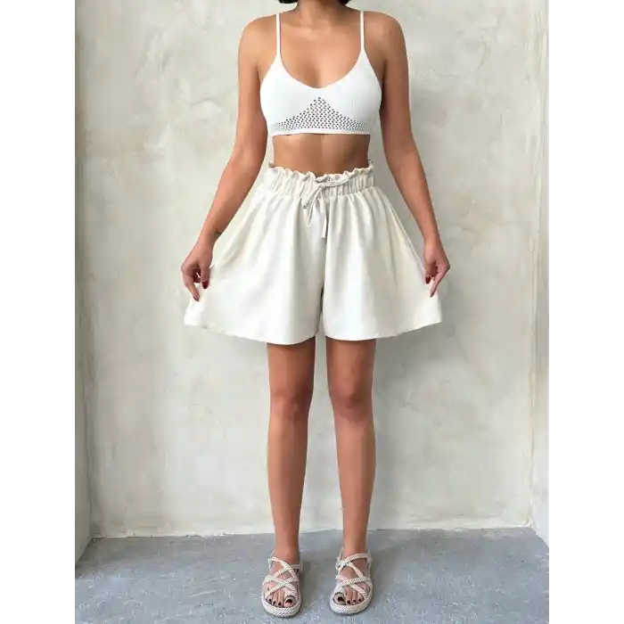 Volanlı keten şort bej s255058