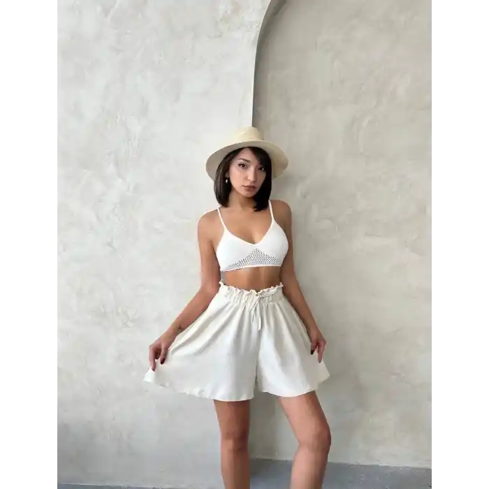 Volanlı keten şort bej s255058