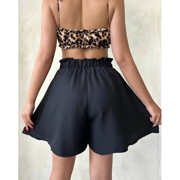 Volanlı keten şort siyah s255058