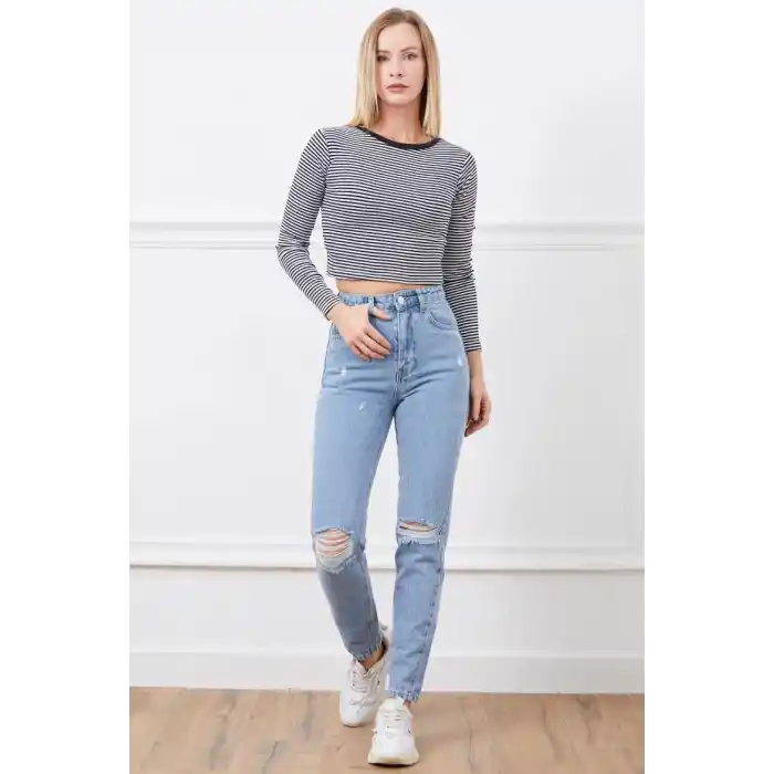 Yüksek bel yırtmaçlı mom jean pantolon