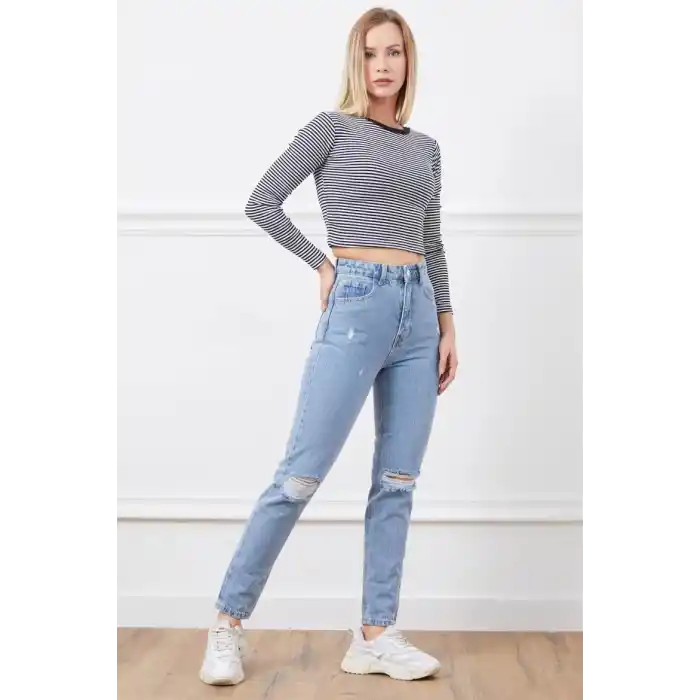 Yüksek bel yırtmaçlı mom jean pantolon