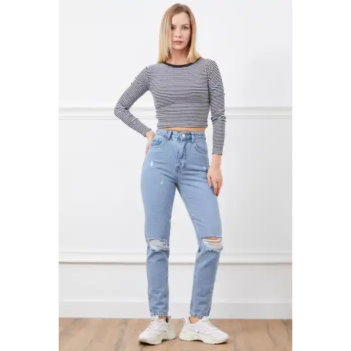 Yüksek bel yırtmaçlı mom jean pantolon