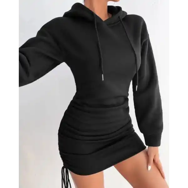 3 iplik şardonlu kompact kapşonlu elbise siyah