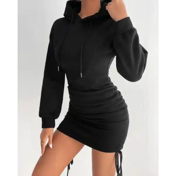 3 iplik şardonlu kompact kapşonlu elbise siyah