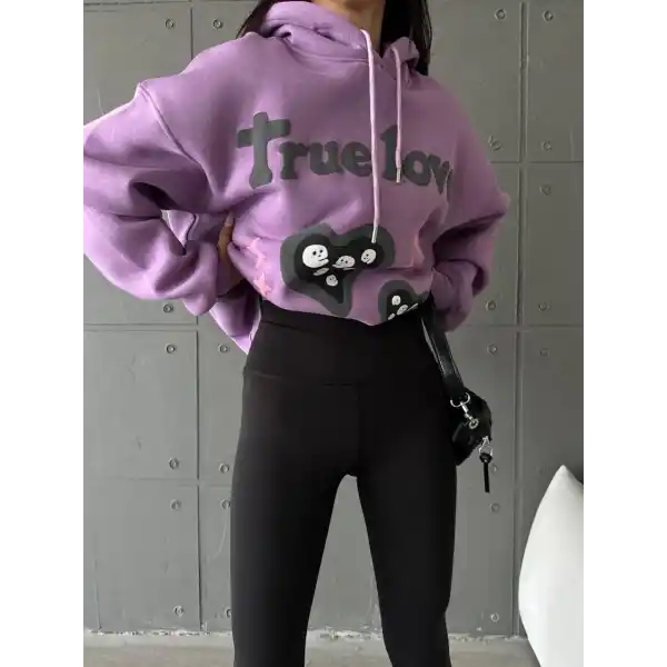 3 iplik şardonlu oversize compact true baskılı sweat mor