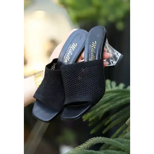 Akva Siyah Triko Şeffaf Topuklu Terlik