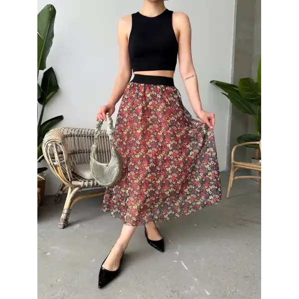 Baskılı astarlı uzun etek