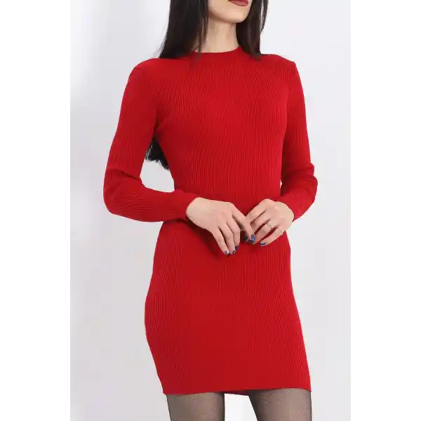 Bisiklet yaka kırmızı triko elbise