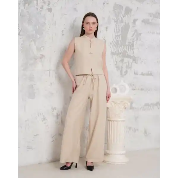Broşlu yelek pantolon takım bej s255821