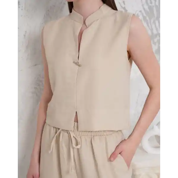 Broşlu yelek pantolon takım bej s255821