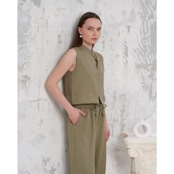 Broşlu yelek pantolon takım haki s255821