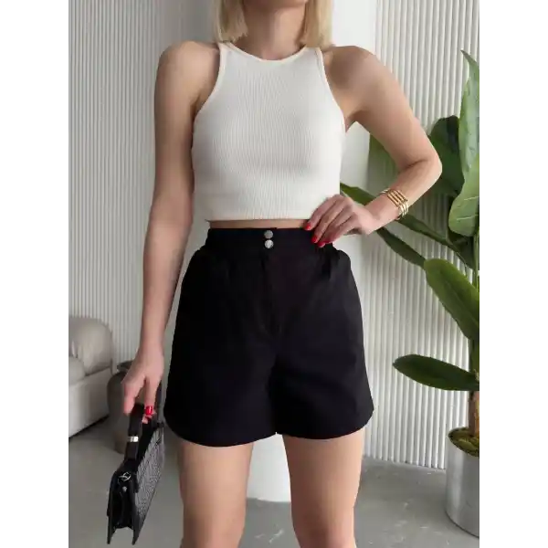 Çıtçıtlı gabardin şort