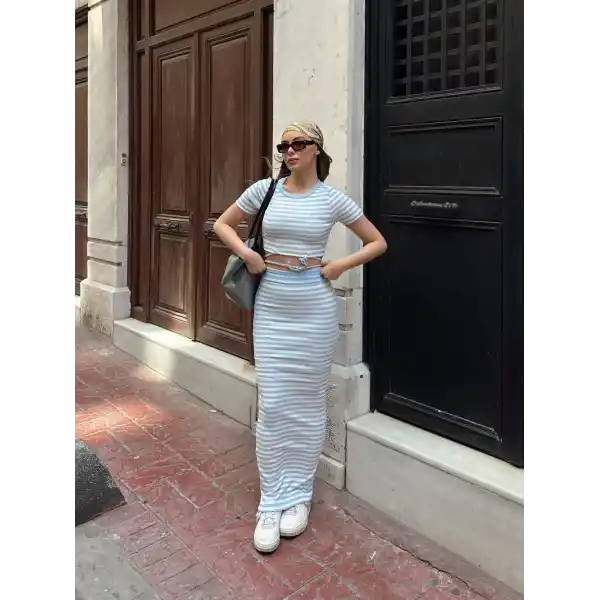 Çizgili etekli takım mavi s3609