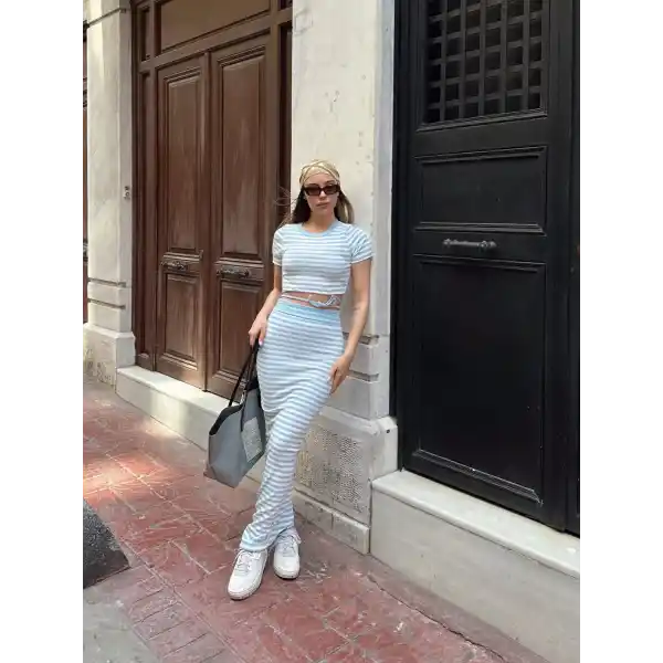 Çizgili etekli takım mavi s3609