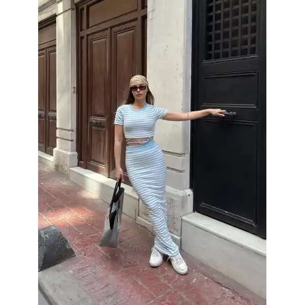 Çizgili etekli takım mavi s3609