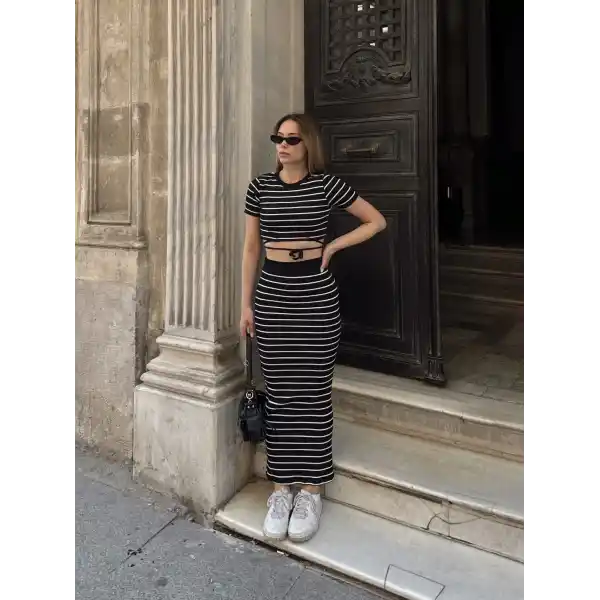 Çizgili etekli takım siyah s3609