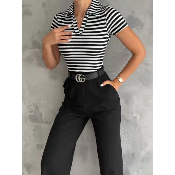 çizgili kaşkorse v yaka tişört siyahbeyaz