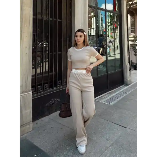 Crop pantolon biyeli takım bej
