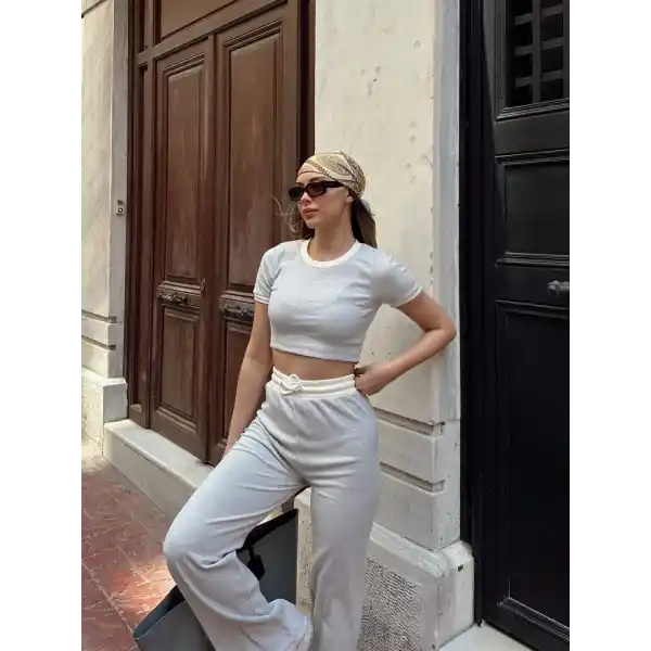 Crop pantolon biyeli takım gri