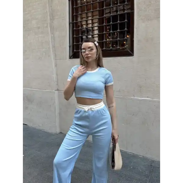 Crop pantolon biyeli takım mavi