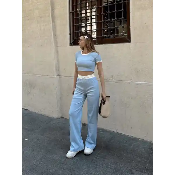Crop pantolon biyeli takım mavi