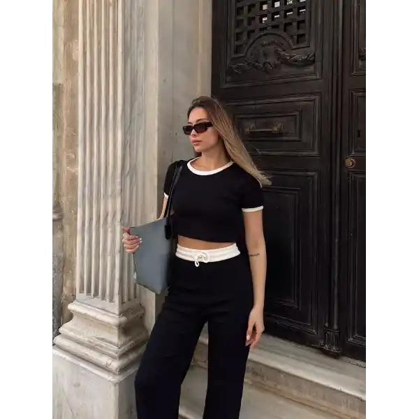 Crop pantolon biyeli takım siyah