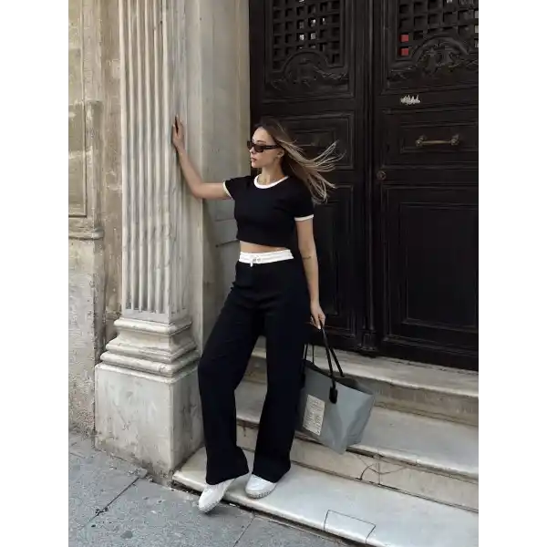Crop pantolon biyeli takım siyah