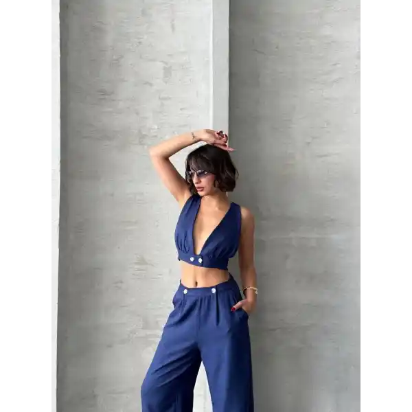 Crop pantolon keten takım s255012