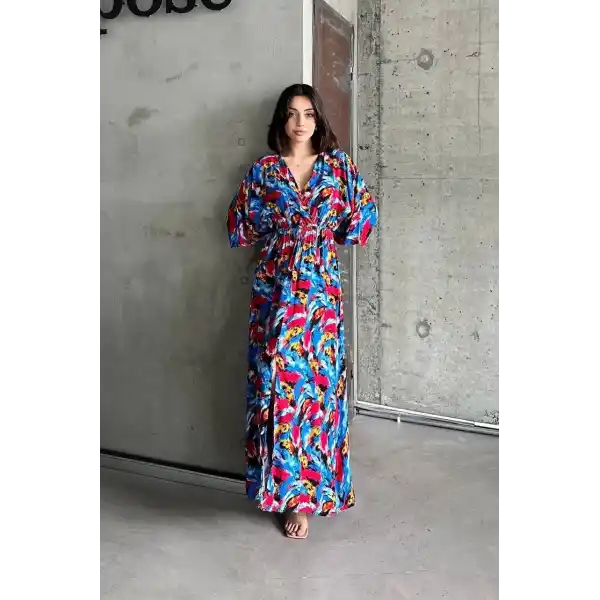 Dokuma baskılı yarasa kol elbise s8124