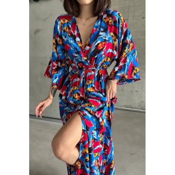 Dokuma baskılı yarasa kol elbise s8124