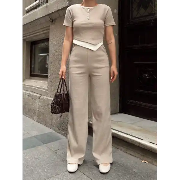 Düğme yakalı bej alt üst takım s3943