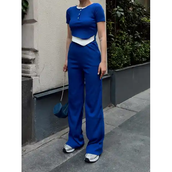 Düğme yakalı saks alt üst takım s3943