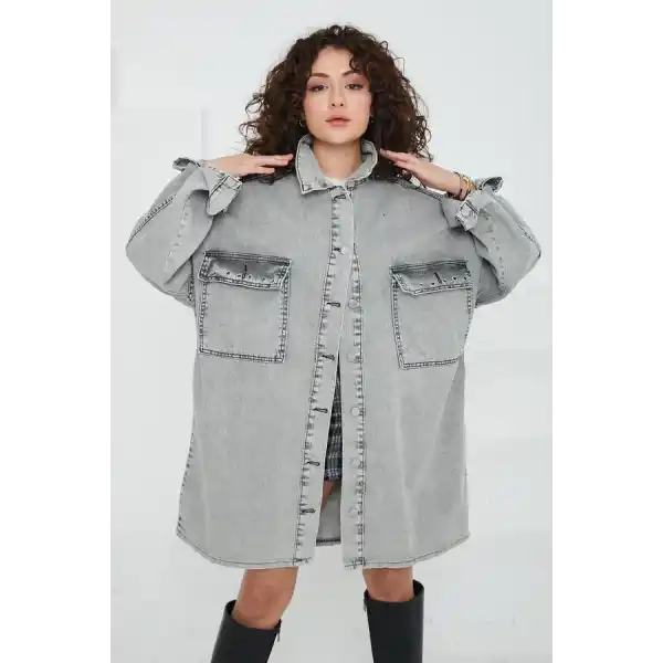 Düz Gömlek Yaka Kadın Gri Kuş Gözü Cepli Kot Ceket