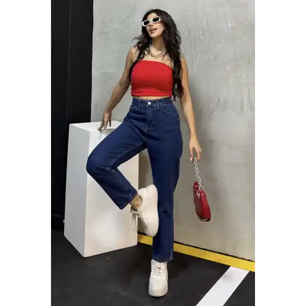 Düz Orta Kadın Mavi Slim Fit Mom pantolon