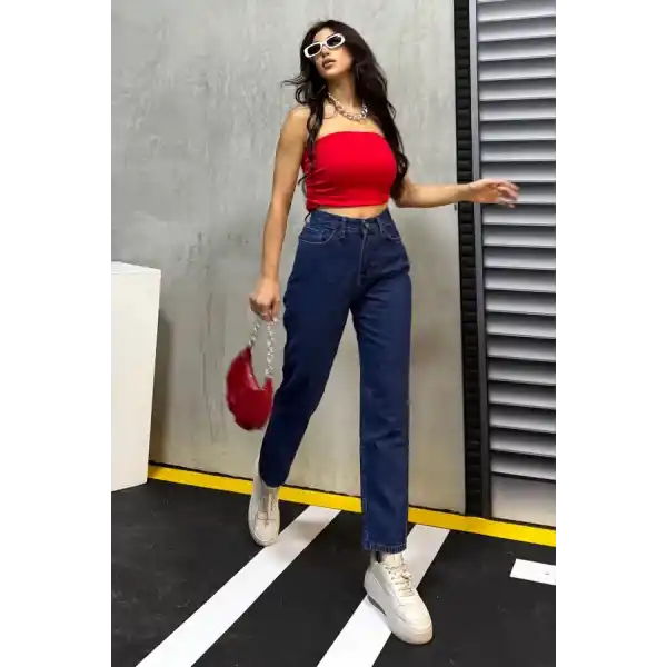 Düz Orta Kadın Mavi Slim Fit Mom pantolon