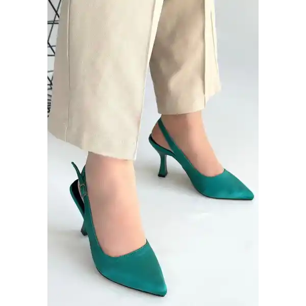 Ester Turkuaz Saten Topuklu Ayakkabı