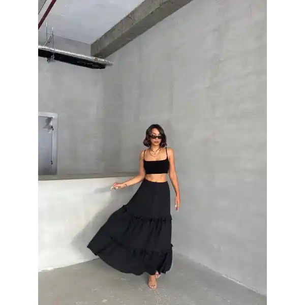 Fırfırlı brodeli astarlı uzun etek siyah s255047