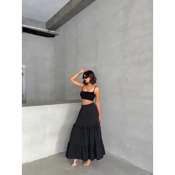 Fırfırlı brodeli astarlı uzun etek siyah s255047