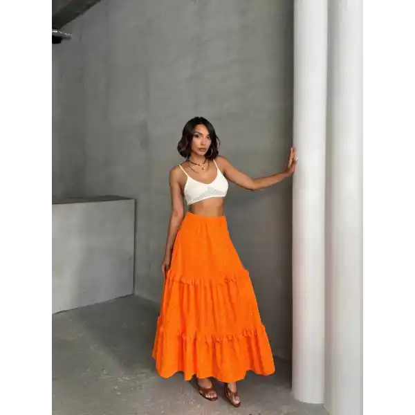 Fırfırlı brodeli astarlı uzun etek turuncu s255047