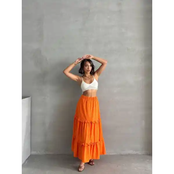 Fırfırlı brodeli astarlı uzun etek turuncu s255047