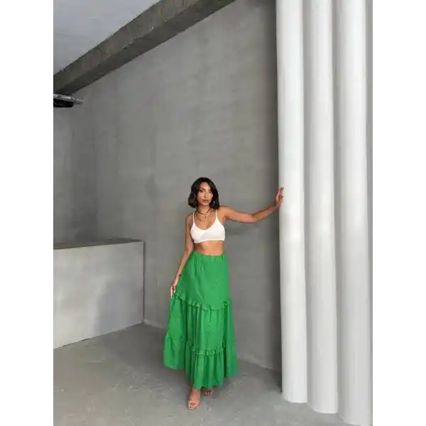 Fırfırlı brodeli astarlı uzun etek yeşil s255047