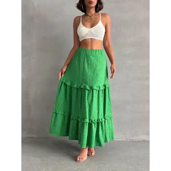 Fırfırlı brodeli astarlı uzun etek yeşil s255047