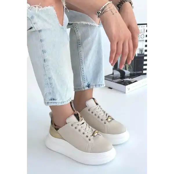 Gasta Bej Cilt Sarı Detaylı Bağcıklı Spor Ayakkabı