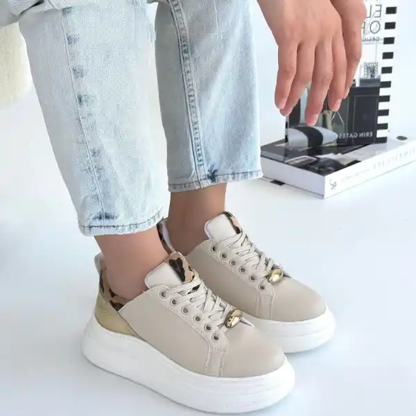 Gasta Bej Cilt Sarı Detaylı Bağcıklı Spor Ayakkabı