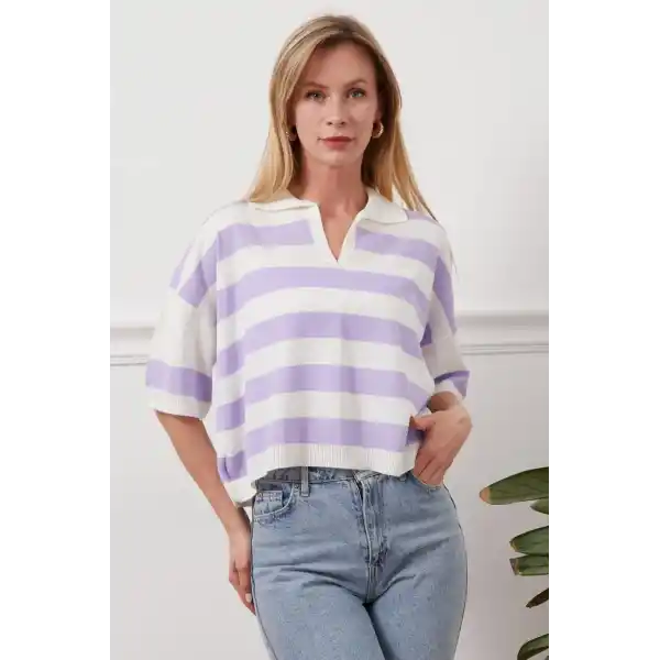 Gömlek yaka çizgili triko tişört