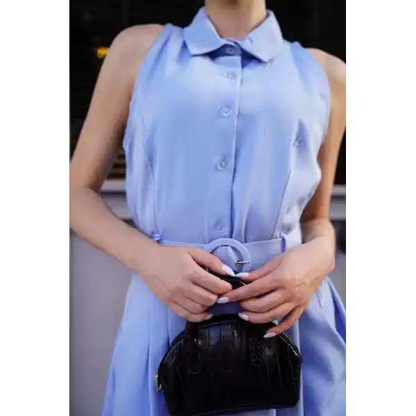 Gömlek yaka kemerli elbise mavi s255061