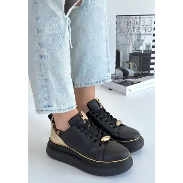 Jista Siyah Cilt Sarı Detaylı Bağcıklı Spor Ayakkabı