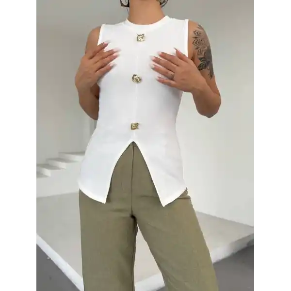 Kadın beyaz bisiklet yaka gold düğmeli ottoman bluz s2310