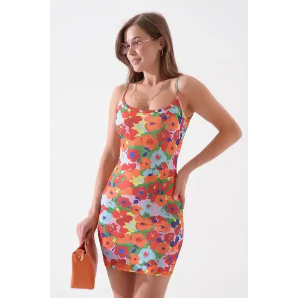 Kadın ince askılı desenli elbise s8105